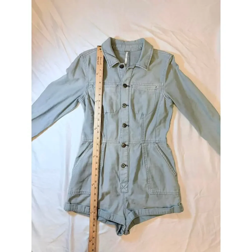 Free People Womens XS Gray Utility Romper Long Sleeve Button Front Pockets
